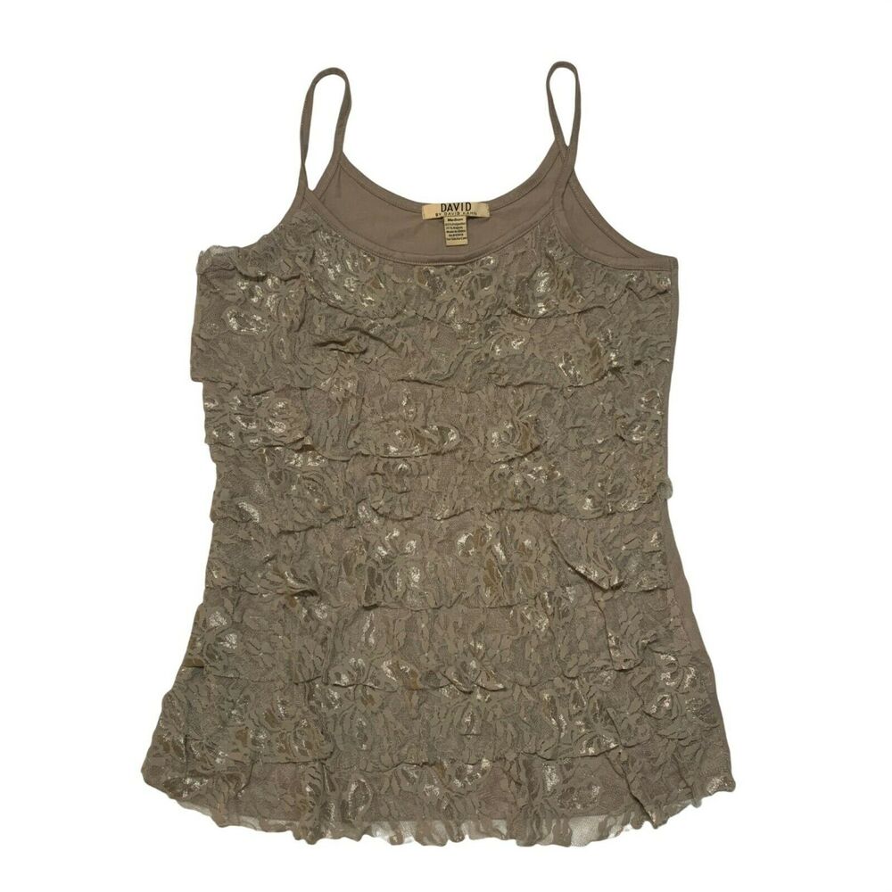 David Kahn Women's Tank Top Pullover Beige Medium Sleeveless Crew Neck Lace Ruff